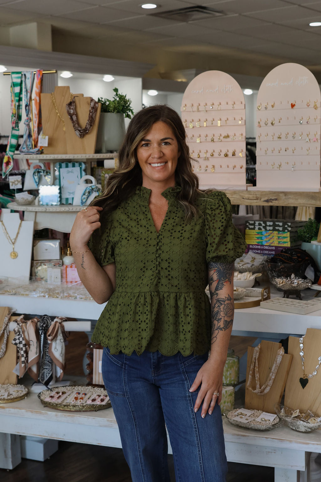 Olive Eyelet Peplum Top
