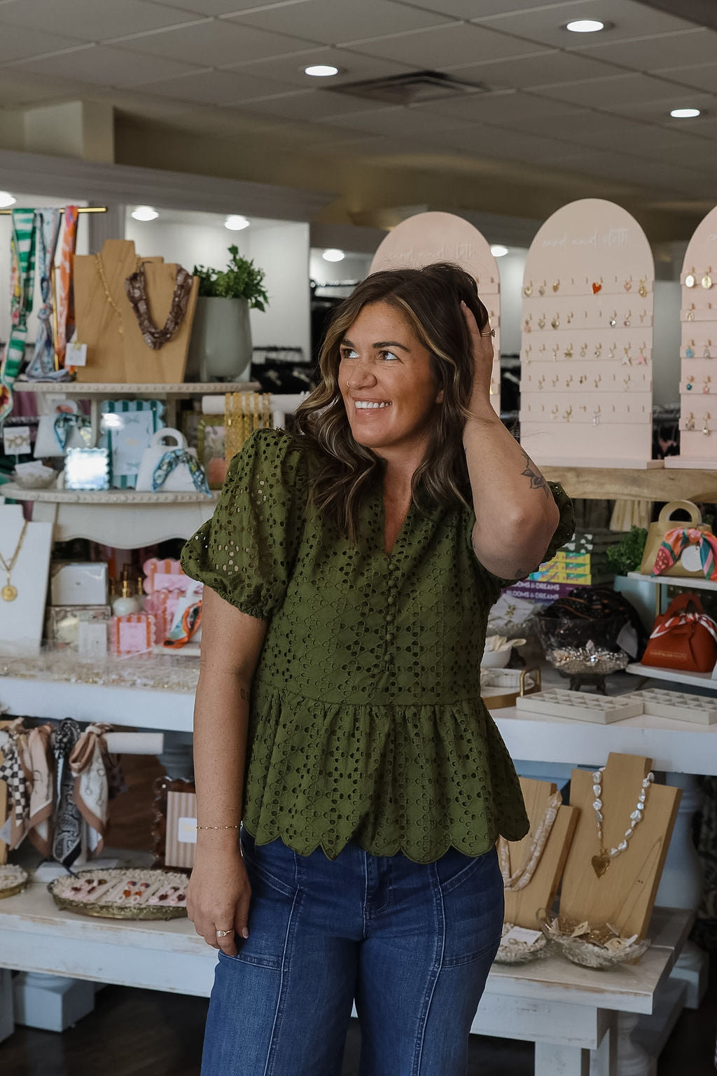 Olive Eyelet Peplum Top