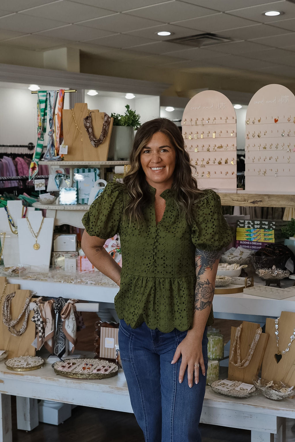 Olive Eyelet Peplum Top