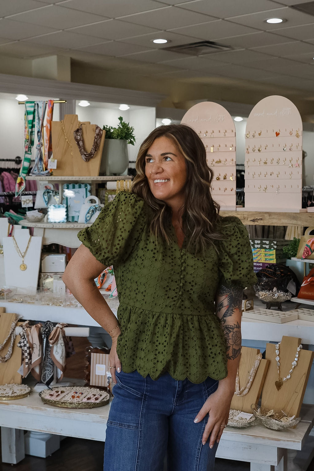 Olive Eyelet Peplum Top