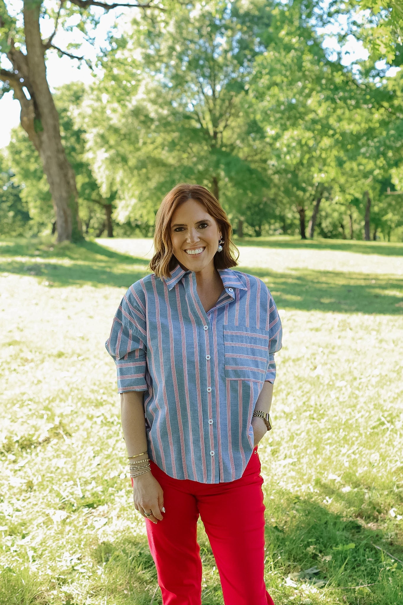 Blue Stripe Button Short Sleeve Shirt