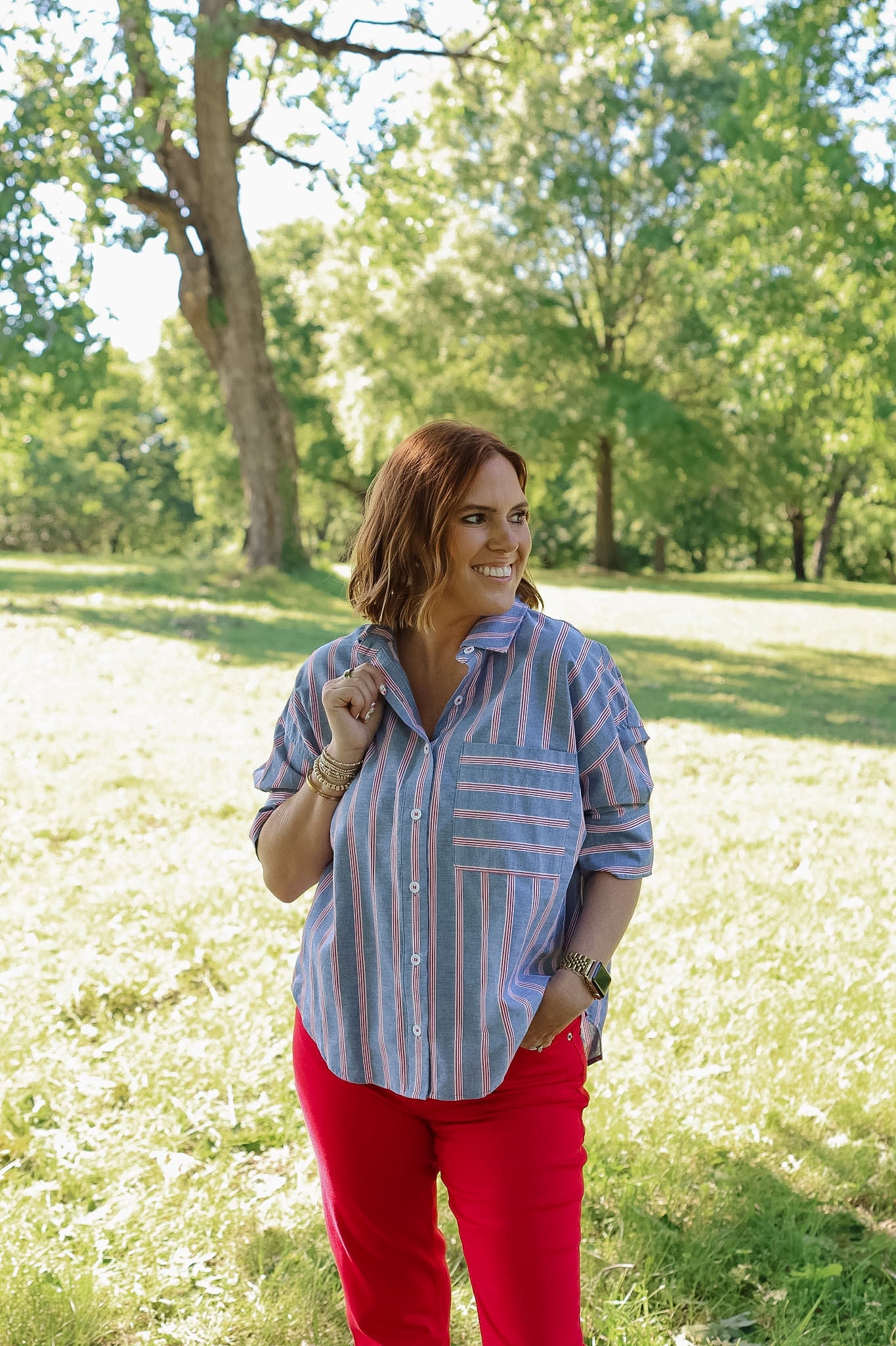 Blue Stripe Button Short Sleeve Shirt