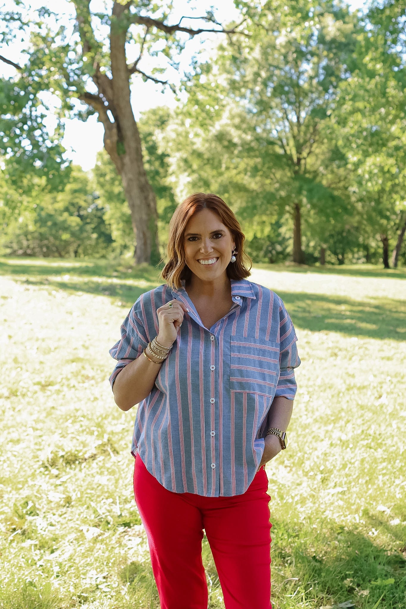 Blue Stripe Button Short Sleeve Shirt
