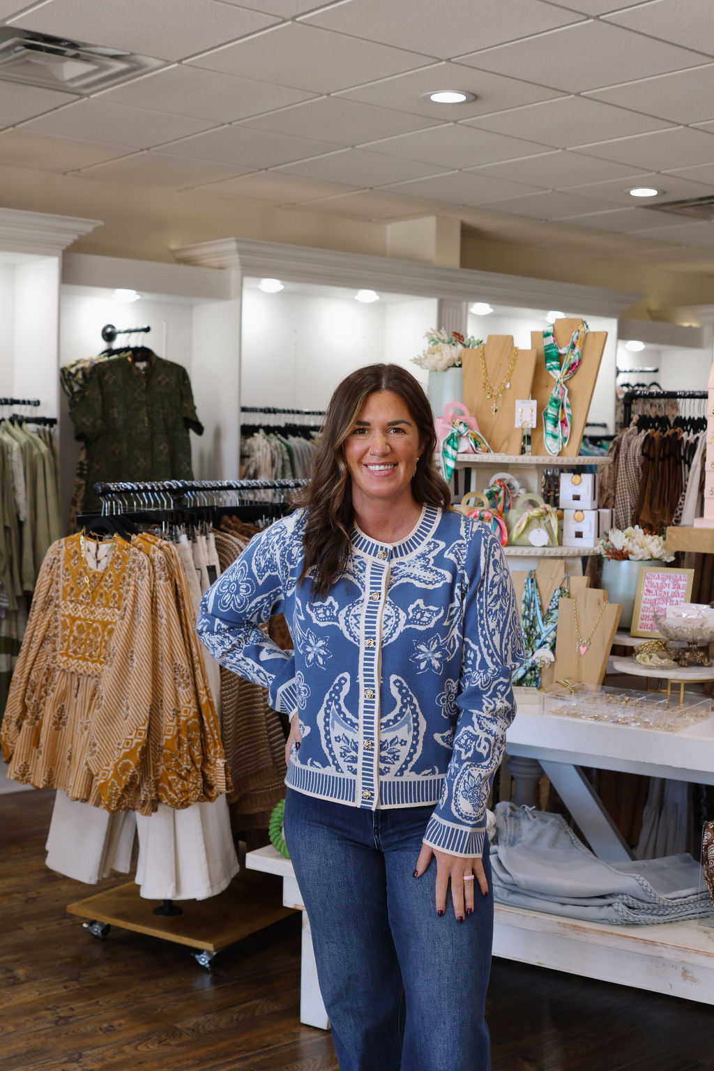Paisley Print Knit Sweater Cardigan - Blue