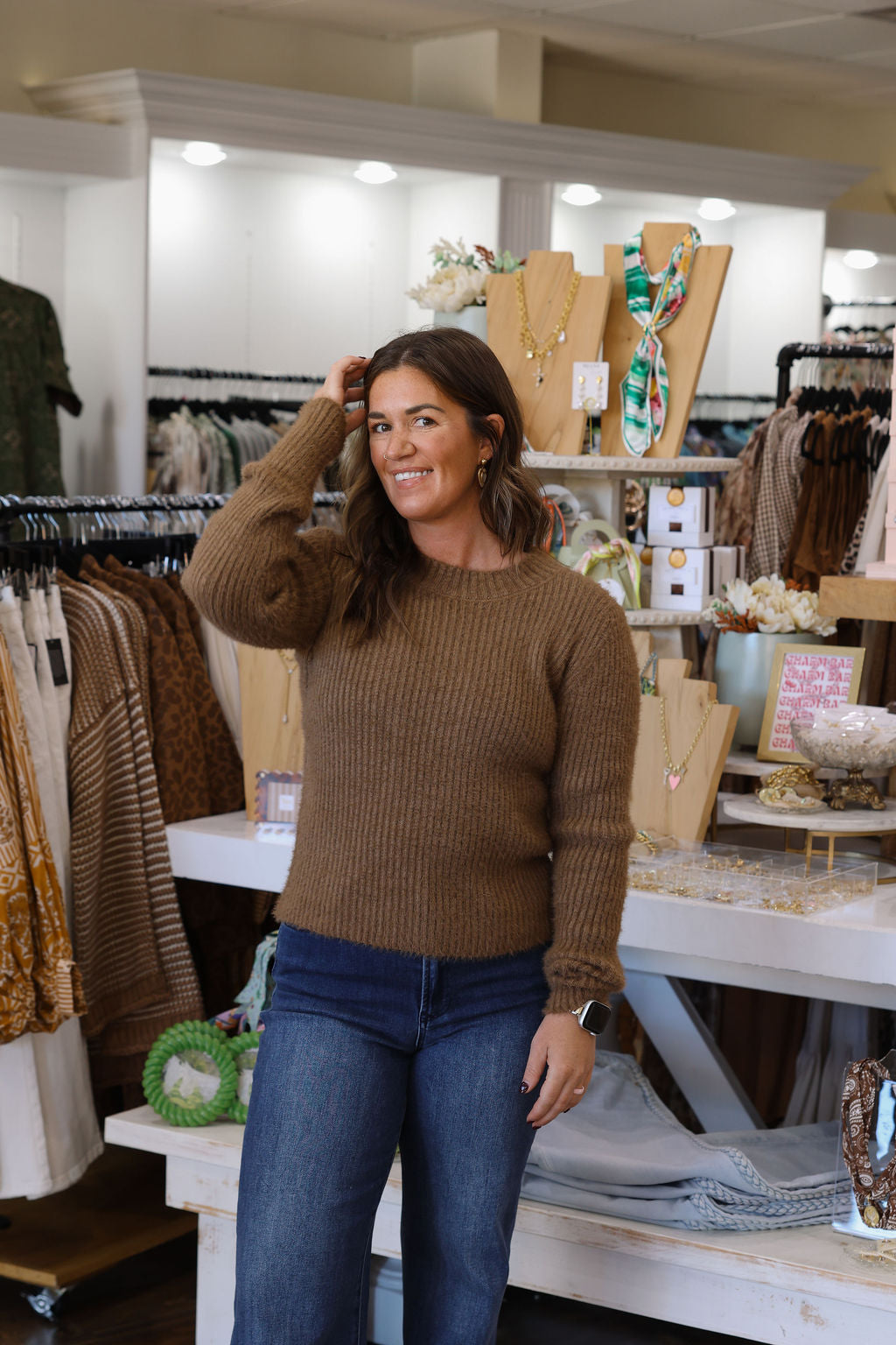 Ribbed Knit Fuzzy Sweater- Mocha
