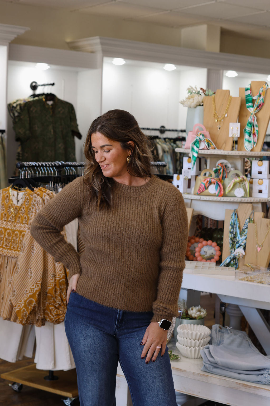 Ribbed Knit Fuzzy Sweater- Mocha