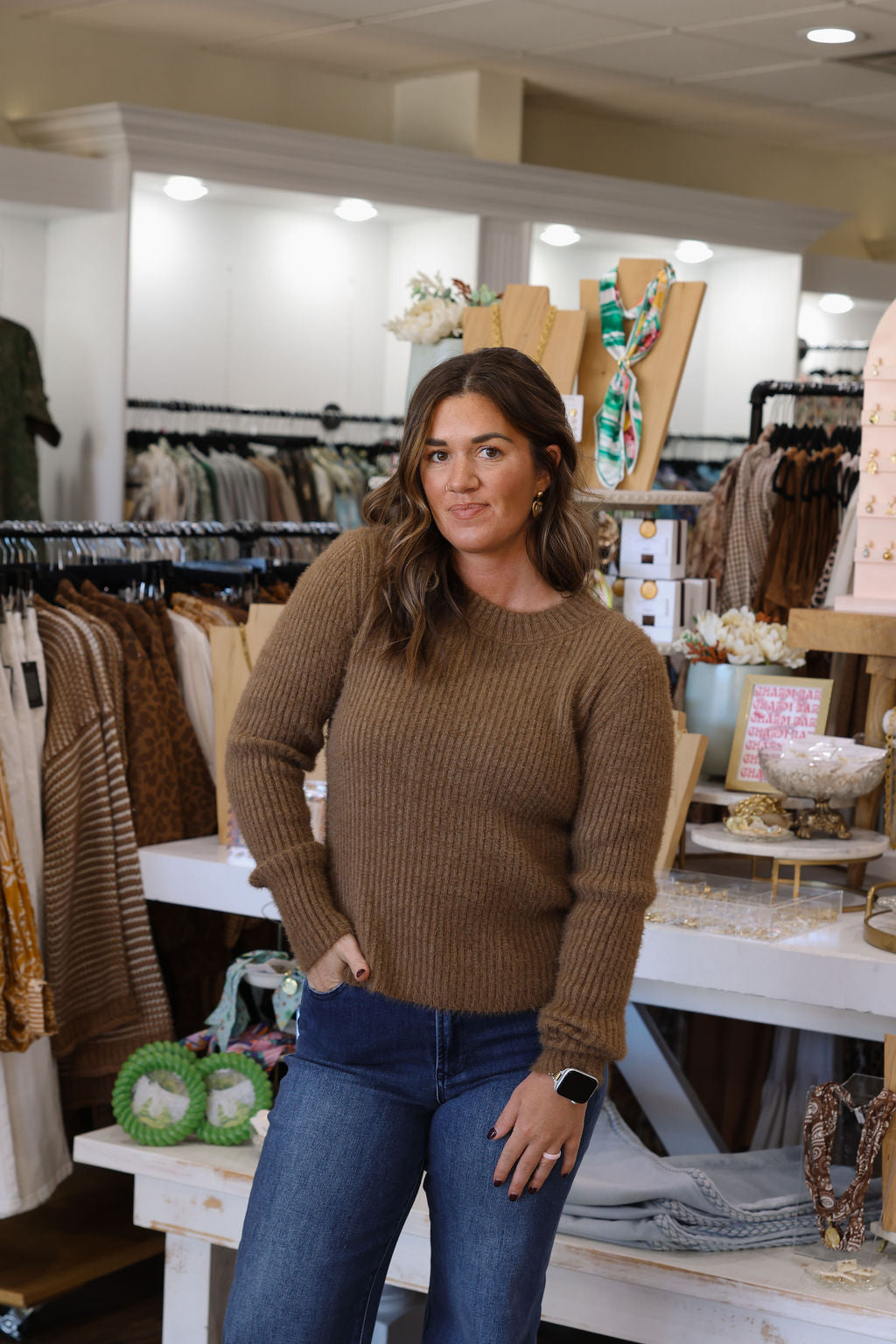 Ribbed Knit Fuzzy Sweater- Mocha