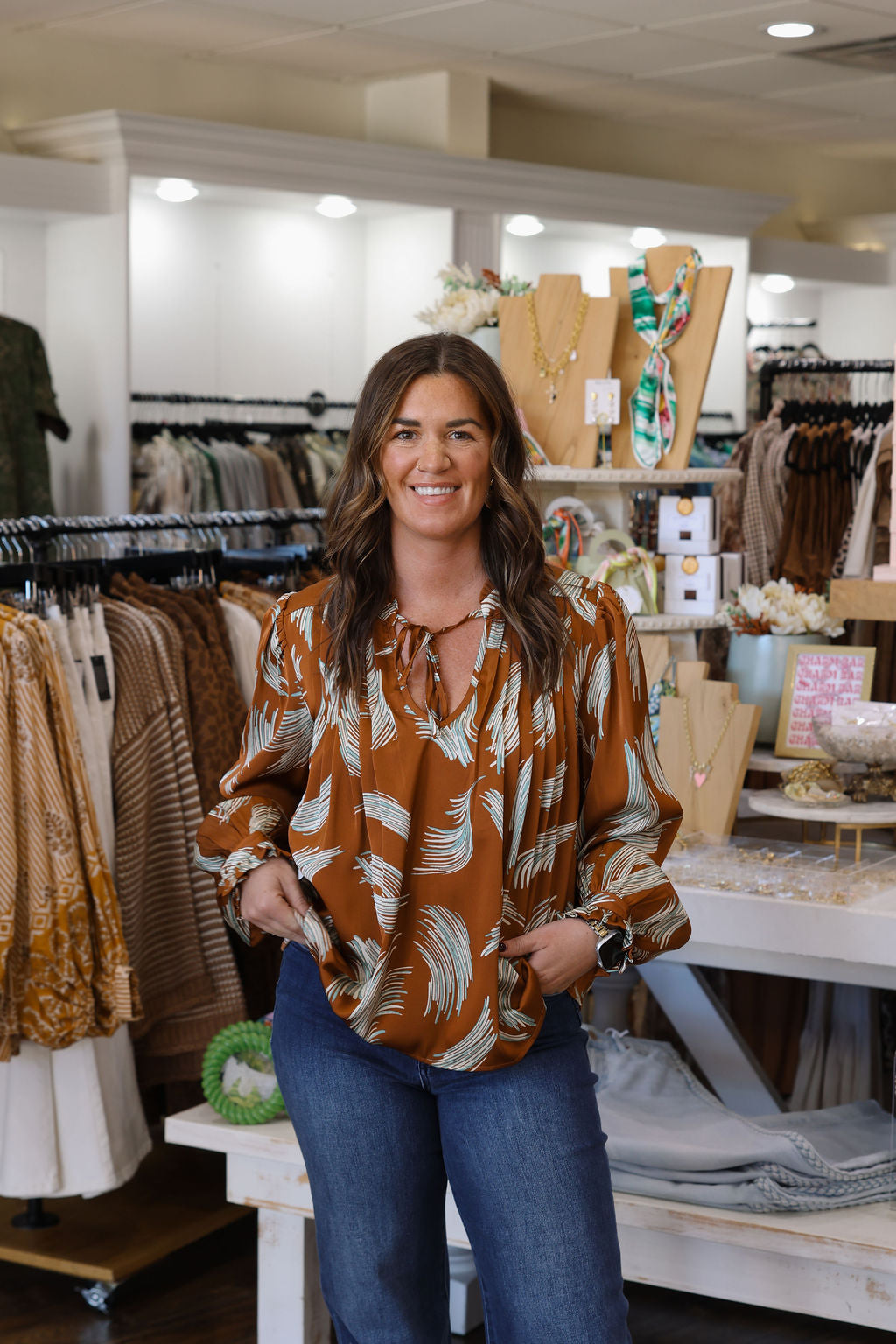 Kat Satin Pattern Top - Brown