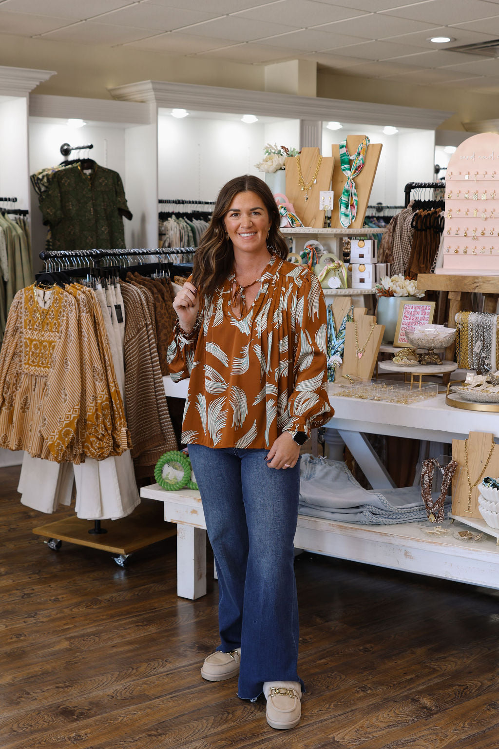 Kat Satin Pattern Top - Brown