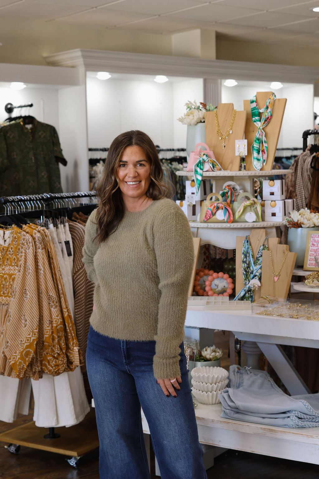 Ribbed Knit Fuzzy Sweater- Green Olive