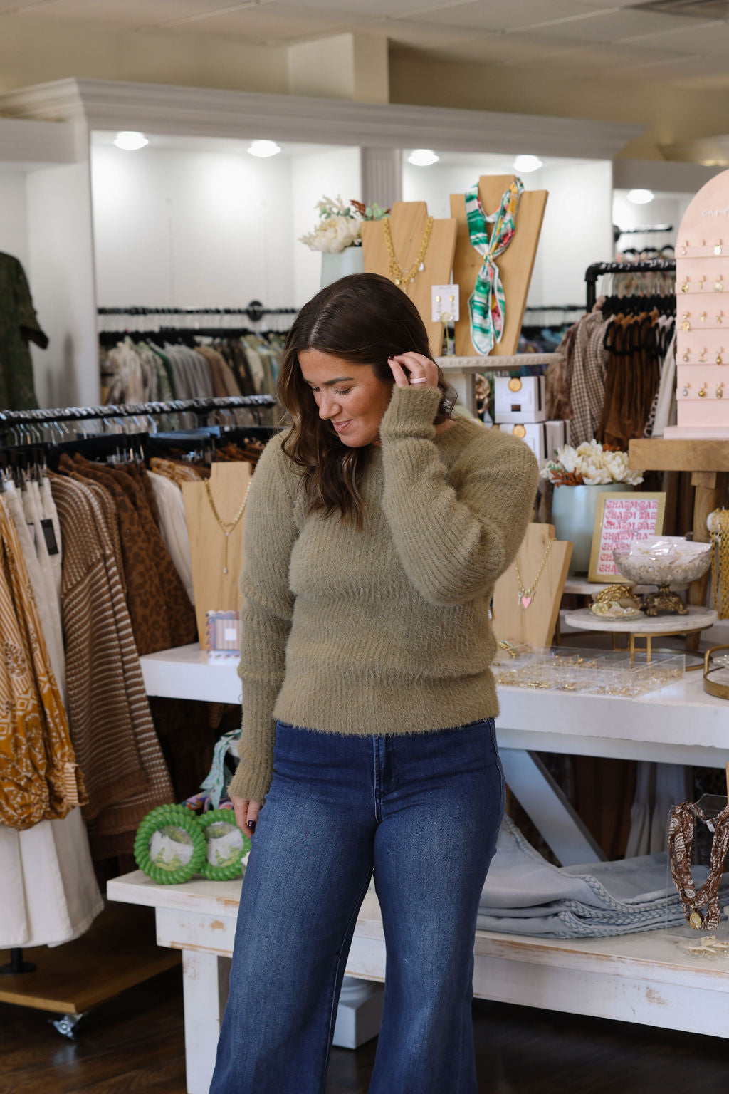 Ribbed Knit Fuzzy Sweater- Green Olive