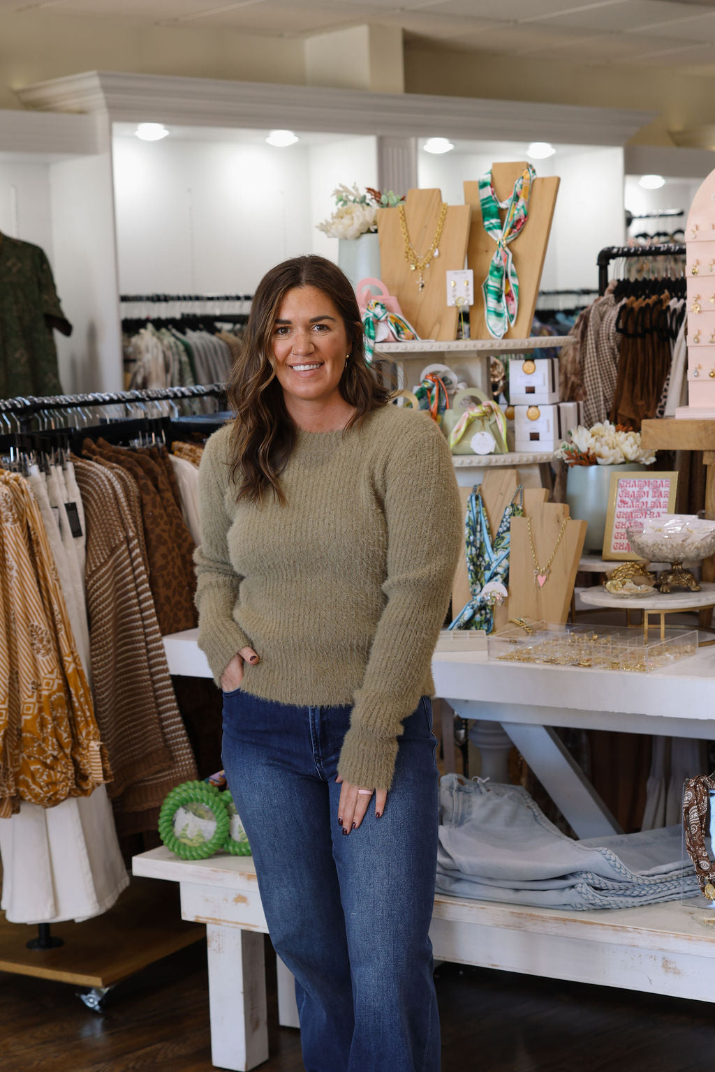 Ribbed Knit Fuzzy Sweater- Green Olive