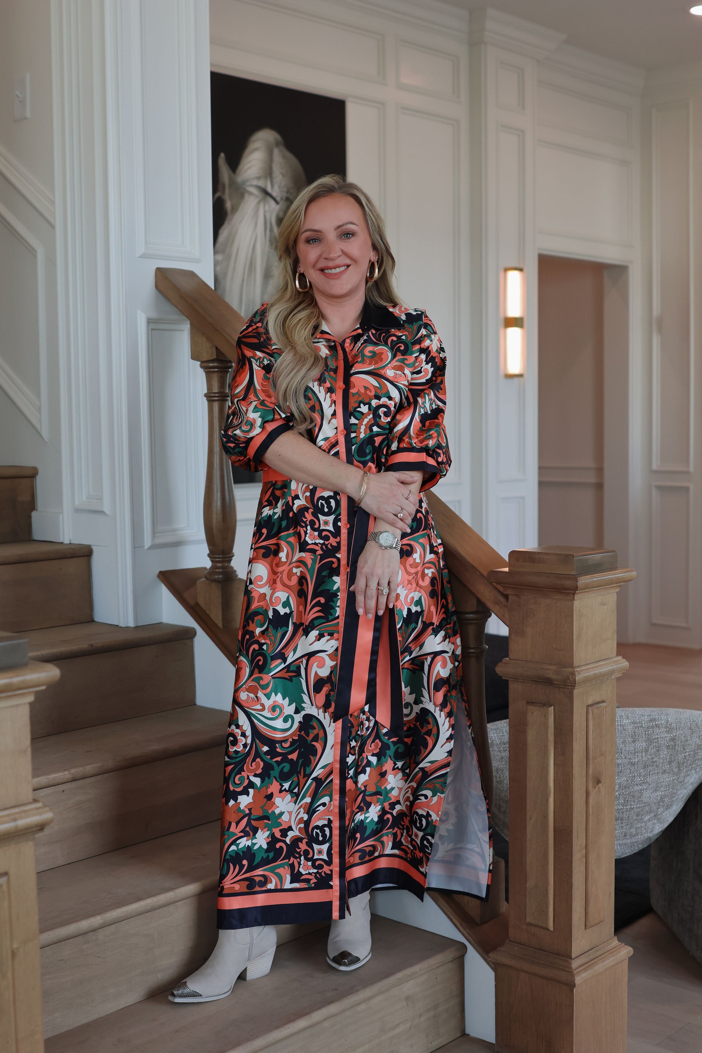 Autumn Scroll Maxi Shirt Dress