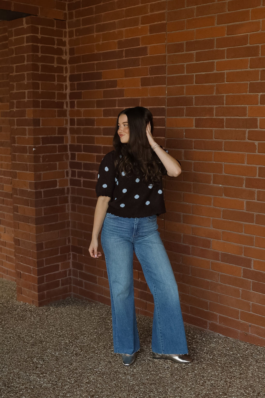 Polka Dot Scalloped Knit Top - Brown/Blue