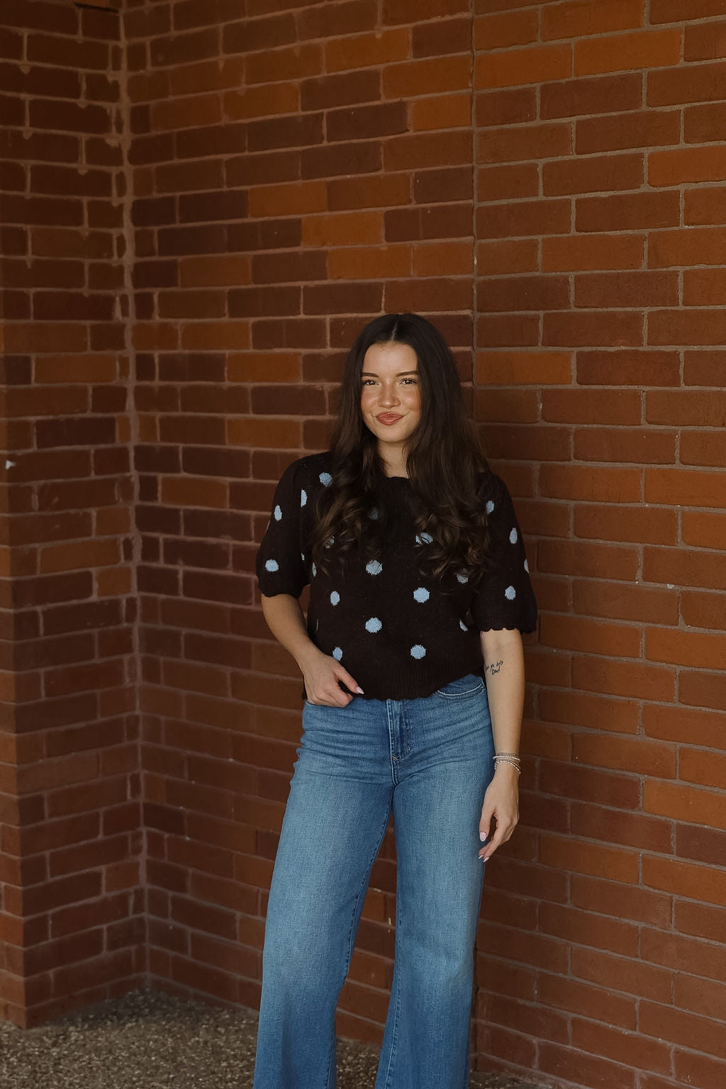 Polka Dot Scalloped Knit Top - Brown/Blue