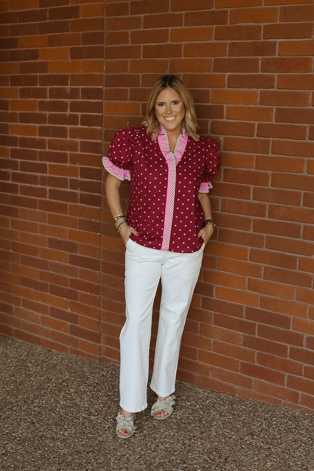 Polka Dot Ruffle Top - Burgundy/Pink
