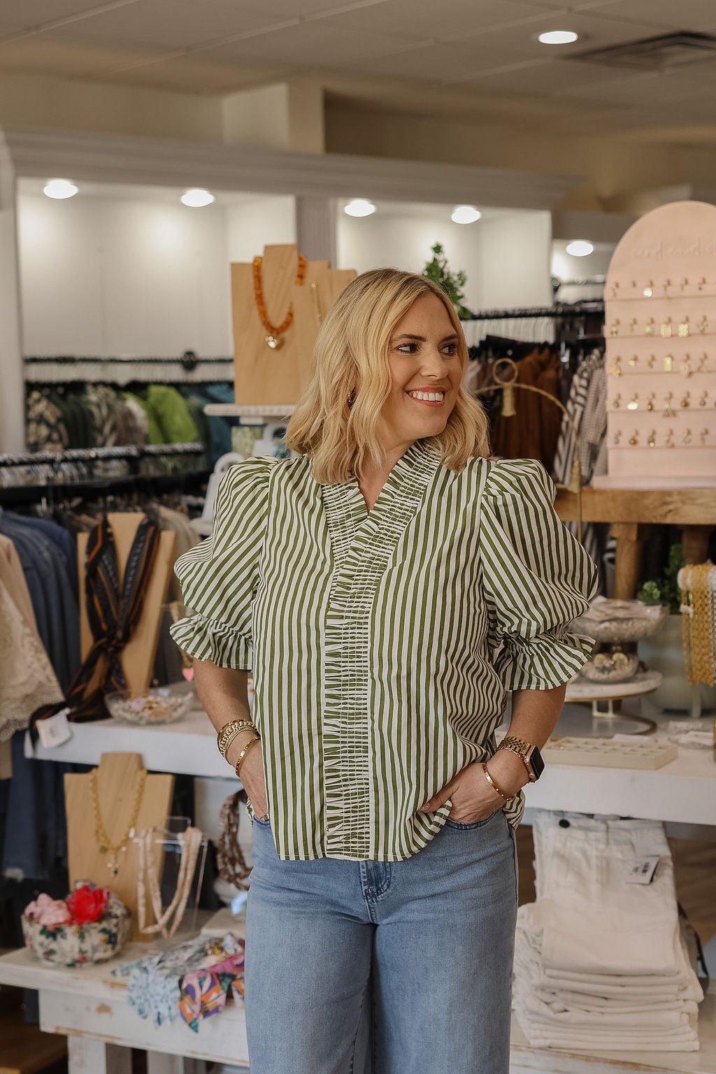 Striped Ruffle Trim Top - Olive