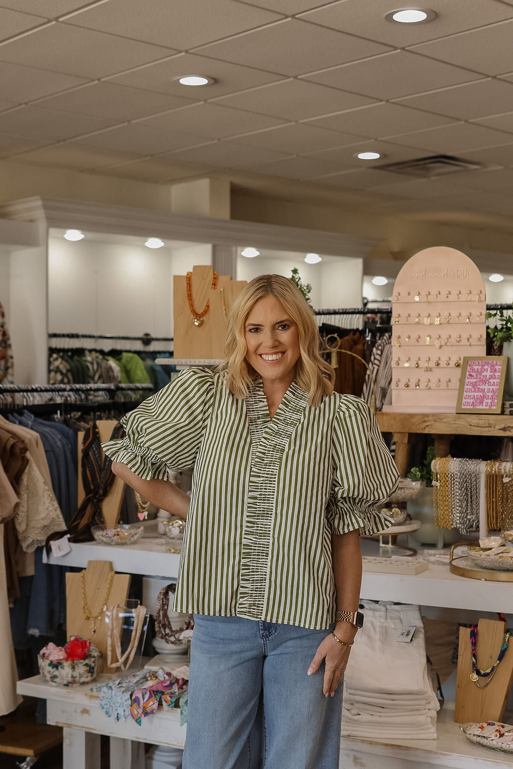 Striped Ruffle Trim Top - Olive