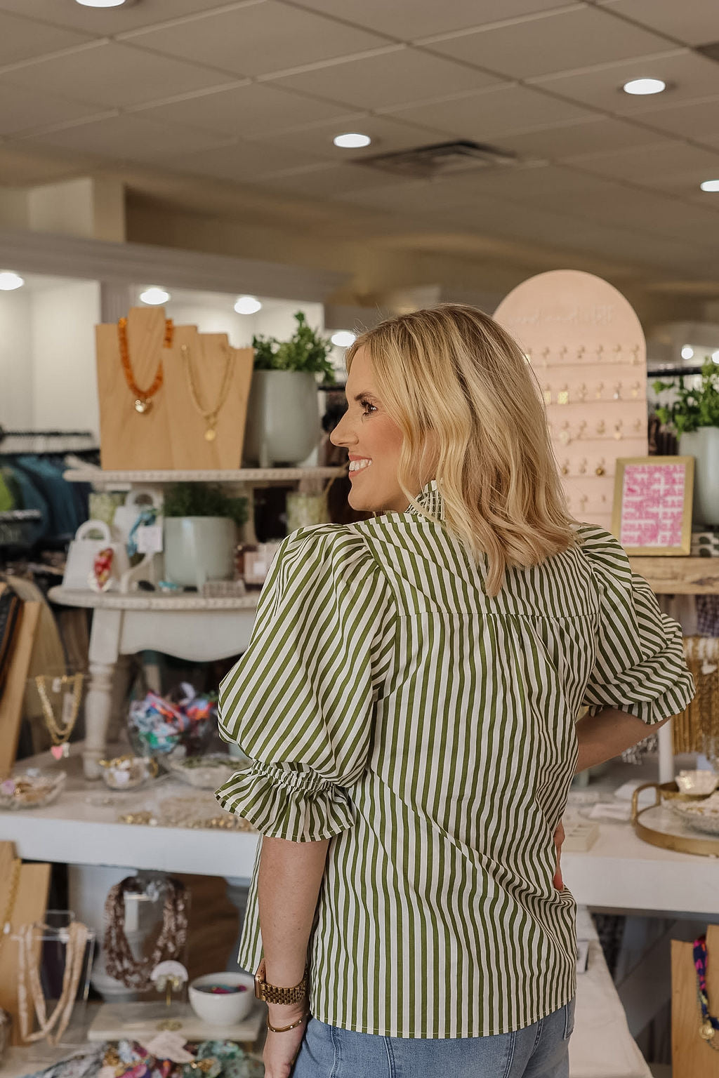 Striped Ruffle Trim Top - Olive