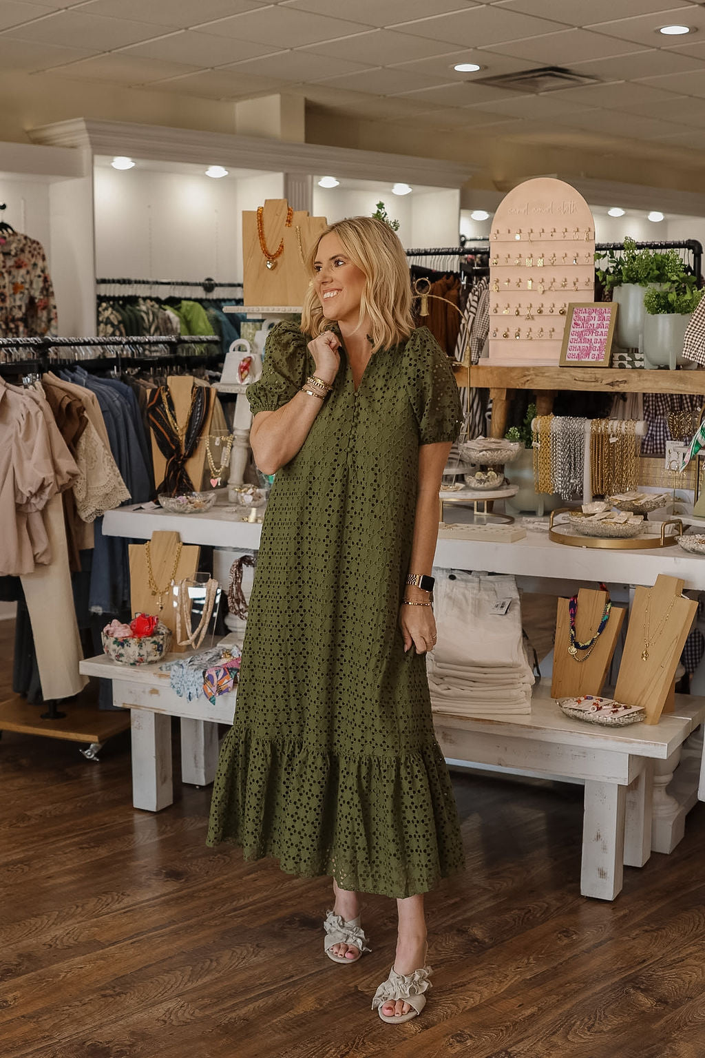 Olive Eyelet Maxi Dress