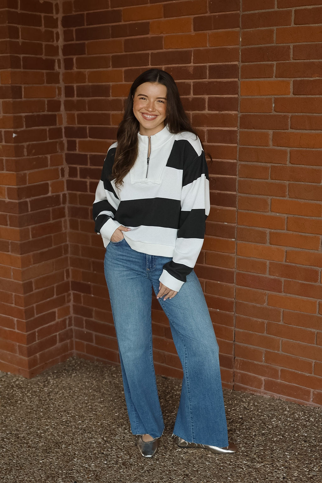 Striped French Terry Half Zip Sweatshirt - Ivory/Black