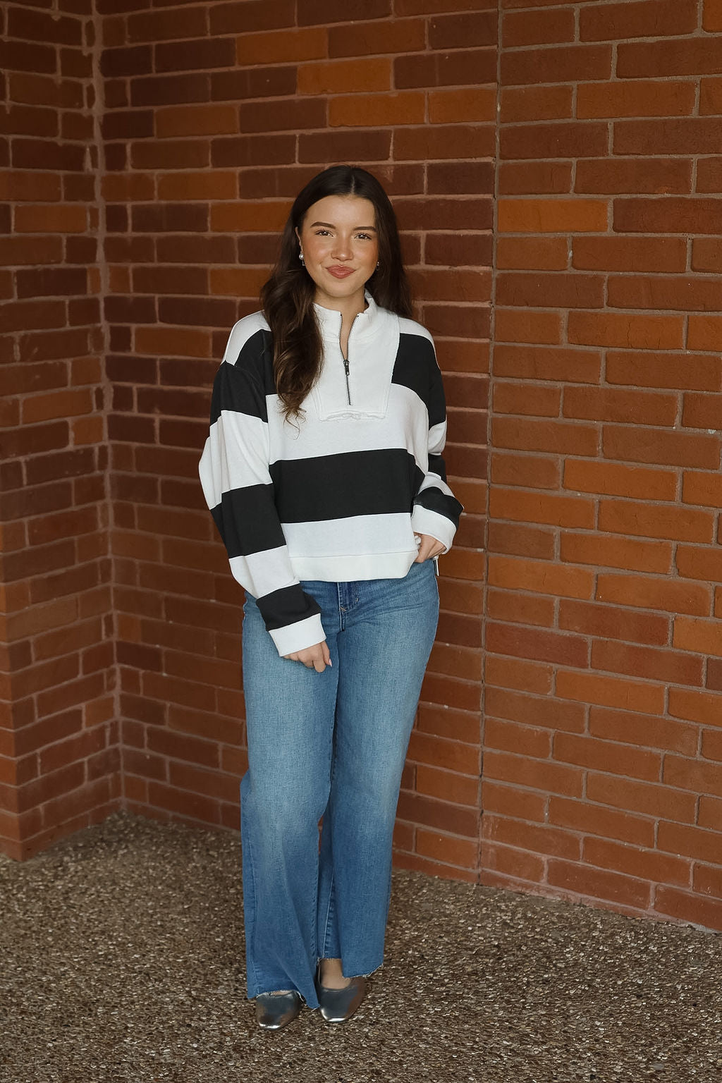 Striped French Terry Half Zip Sweatshirt - Ivory/Black