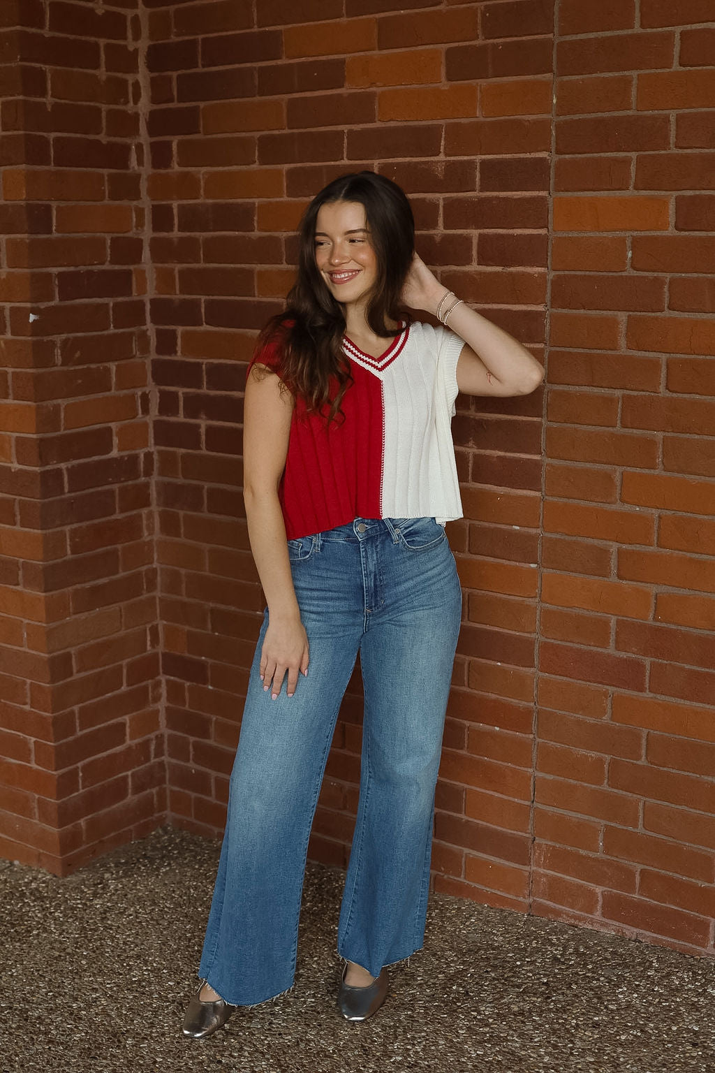 Toni Two Toned Cropped Sweater - Crimson/White
