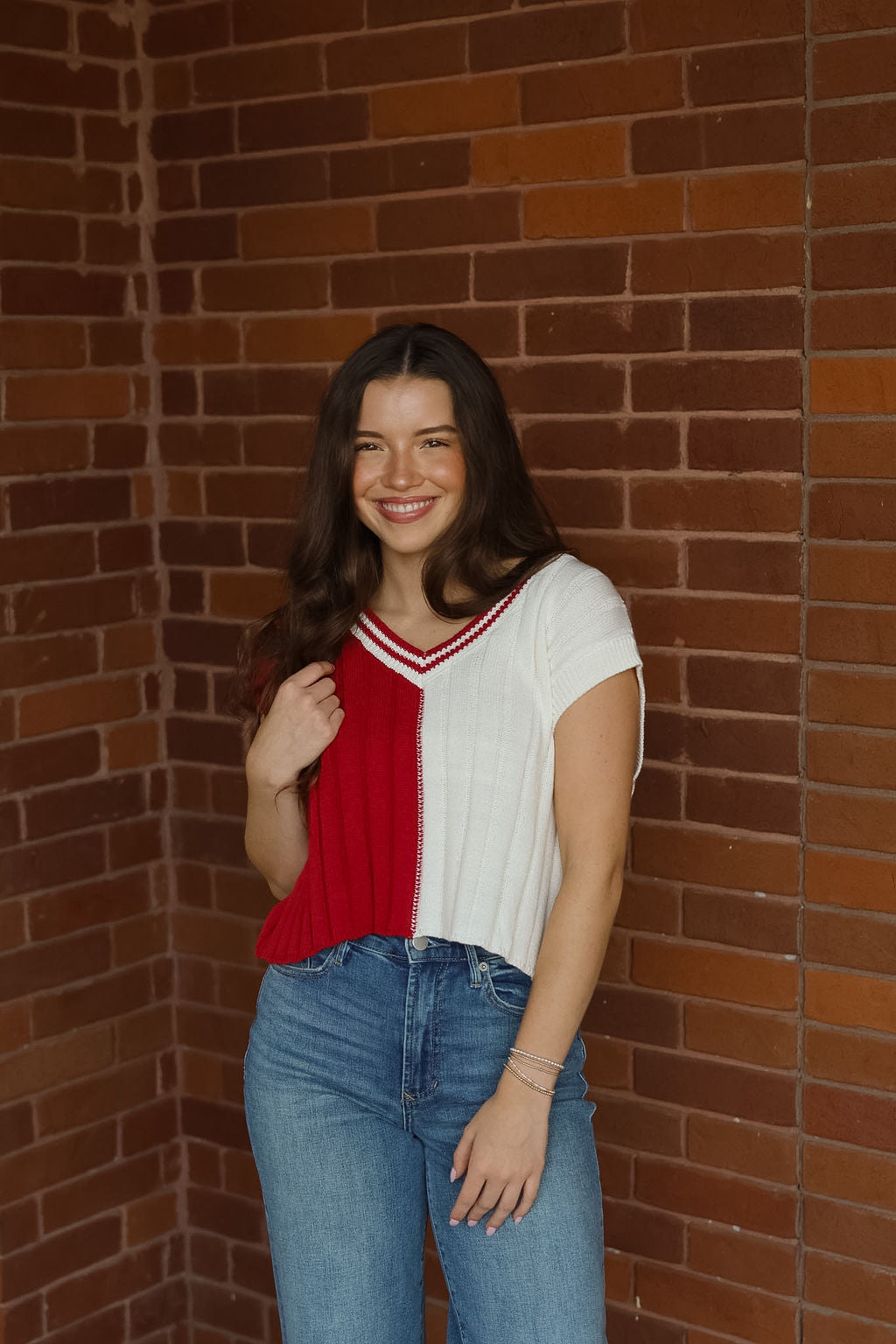 Toni Two Toned Cropped Sweater - Crimson/White