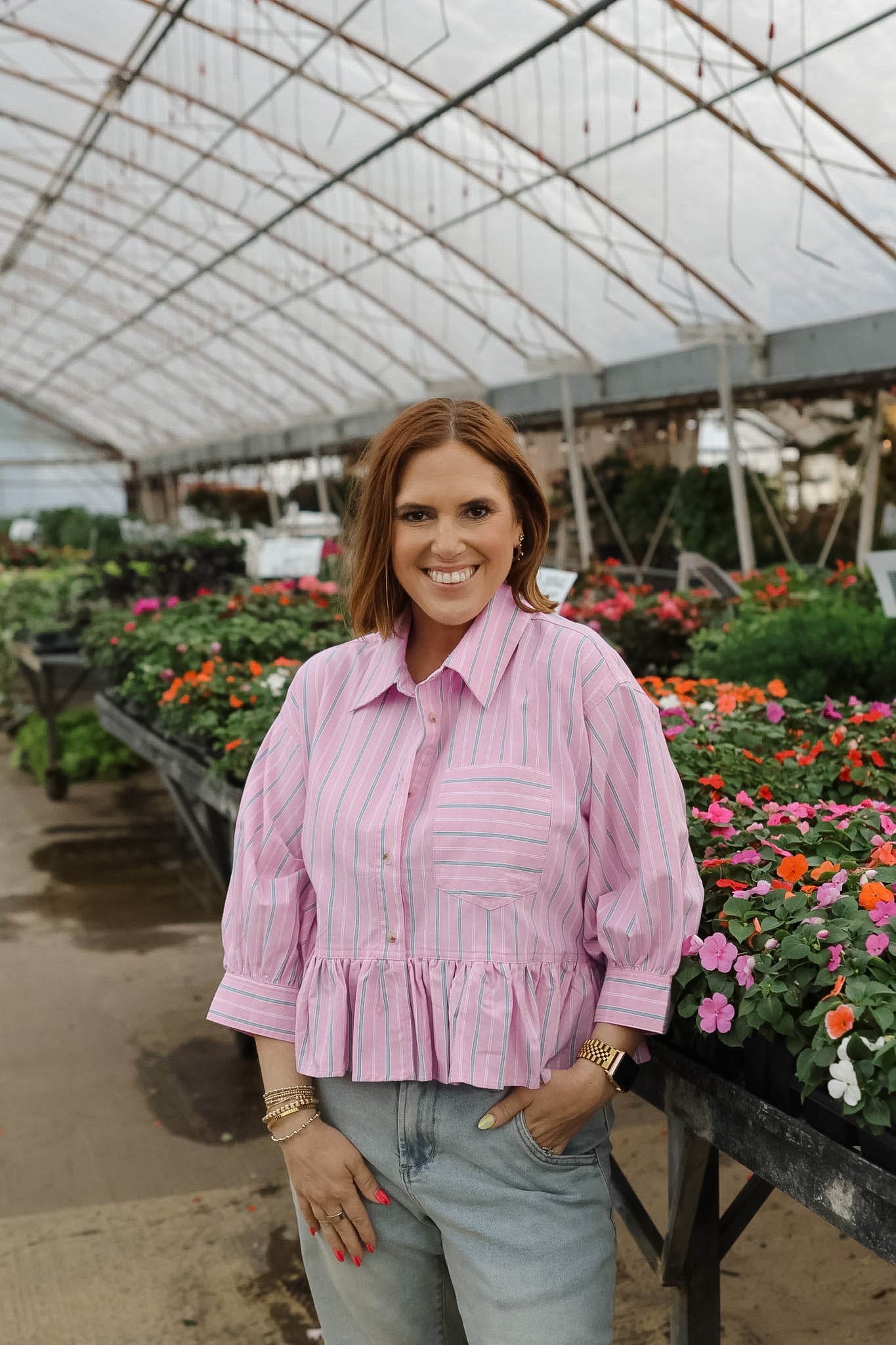 Ashlyn Cropped Button Down - Pink/Green Stripes