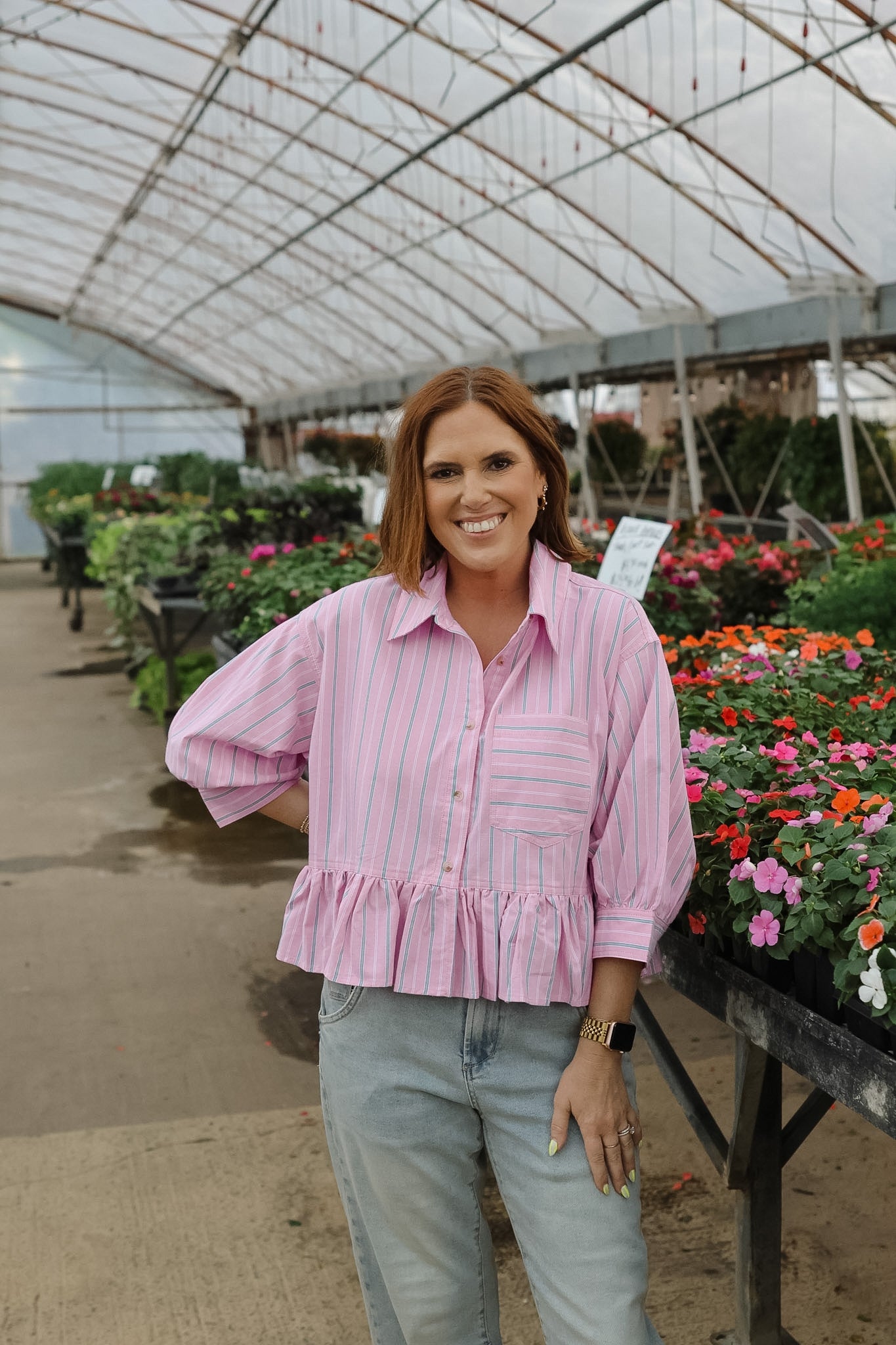 Ashlyn Cropped Button Down - Pink/Green Stripes