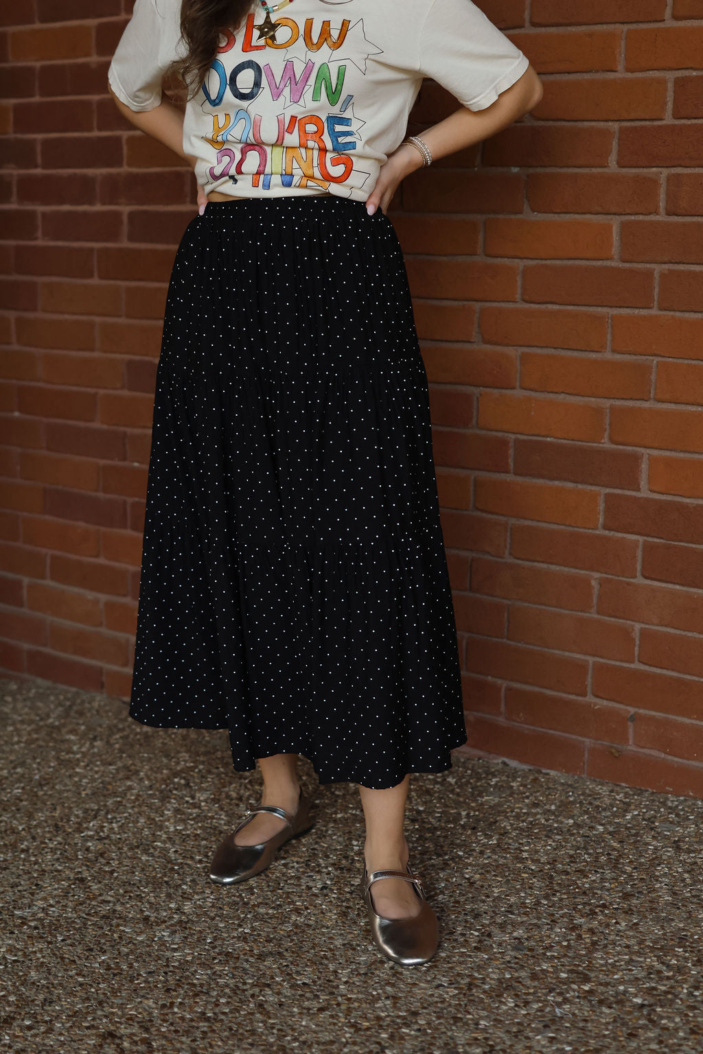 Polka Dot Tiered Midi Skirt - Black