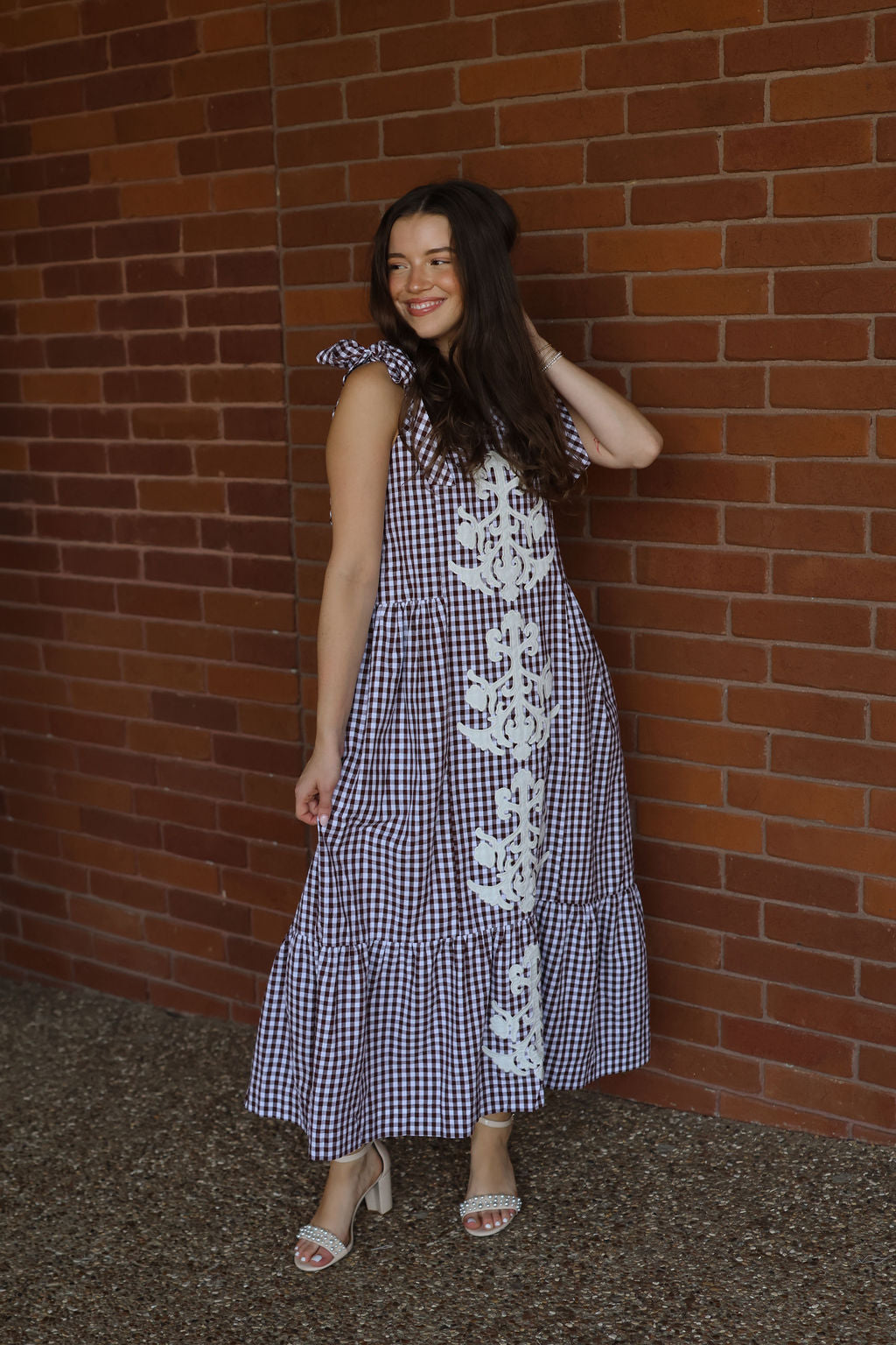 Gingham Applique Maxi Dress - Chocolate