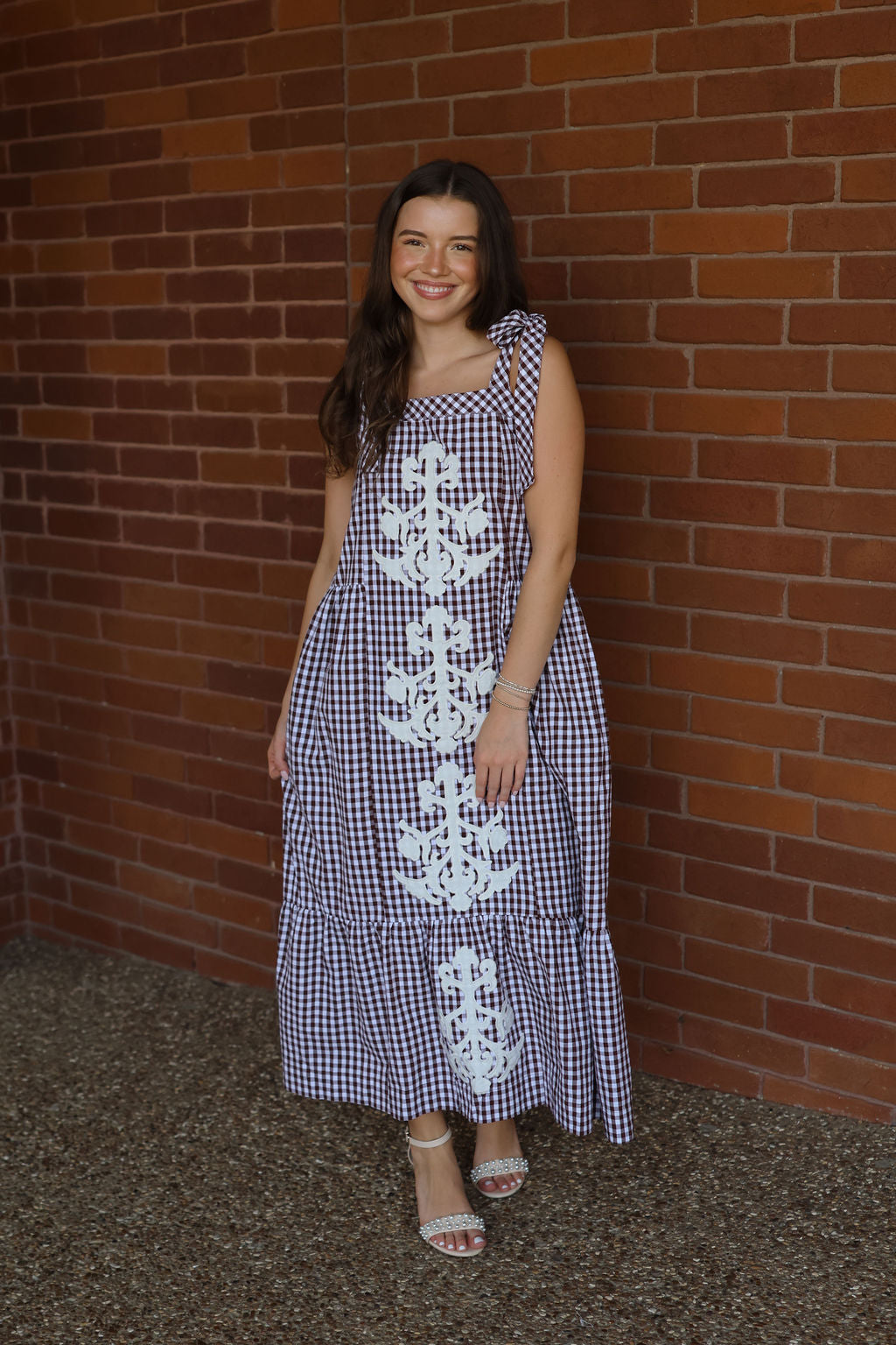 Gingham Applique Maxi Dress - Chocolate