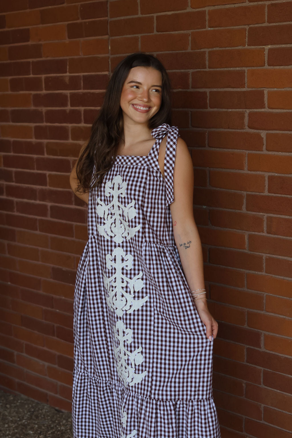 Gingham Applique Maxi Dress - Chocolate