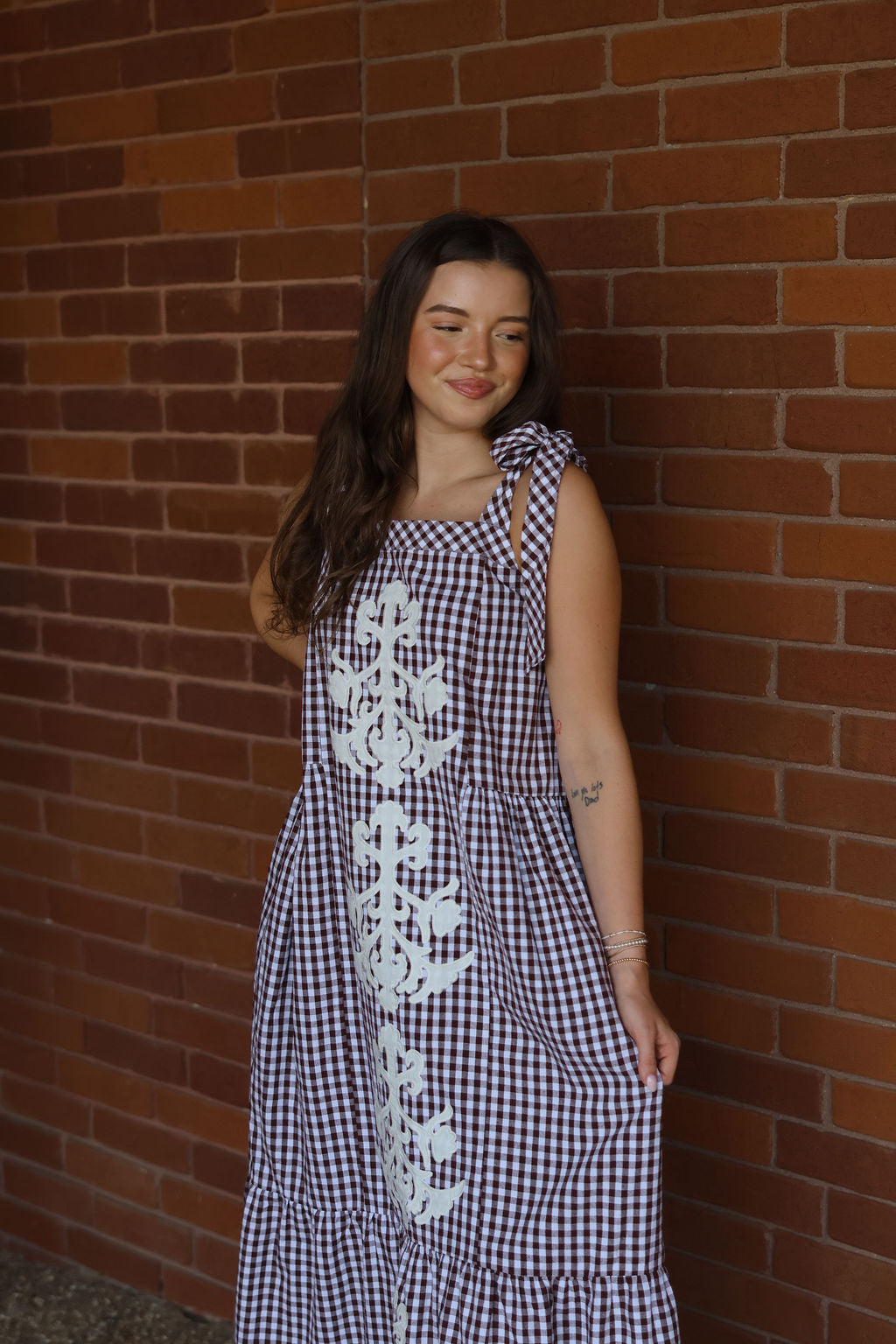 Gingham Applique Maxi Dress - Chocolate