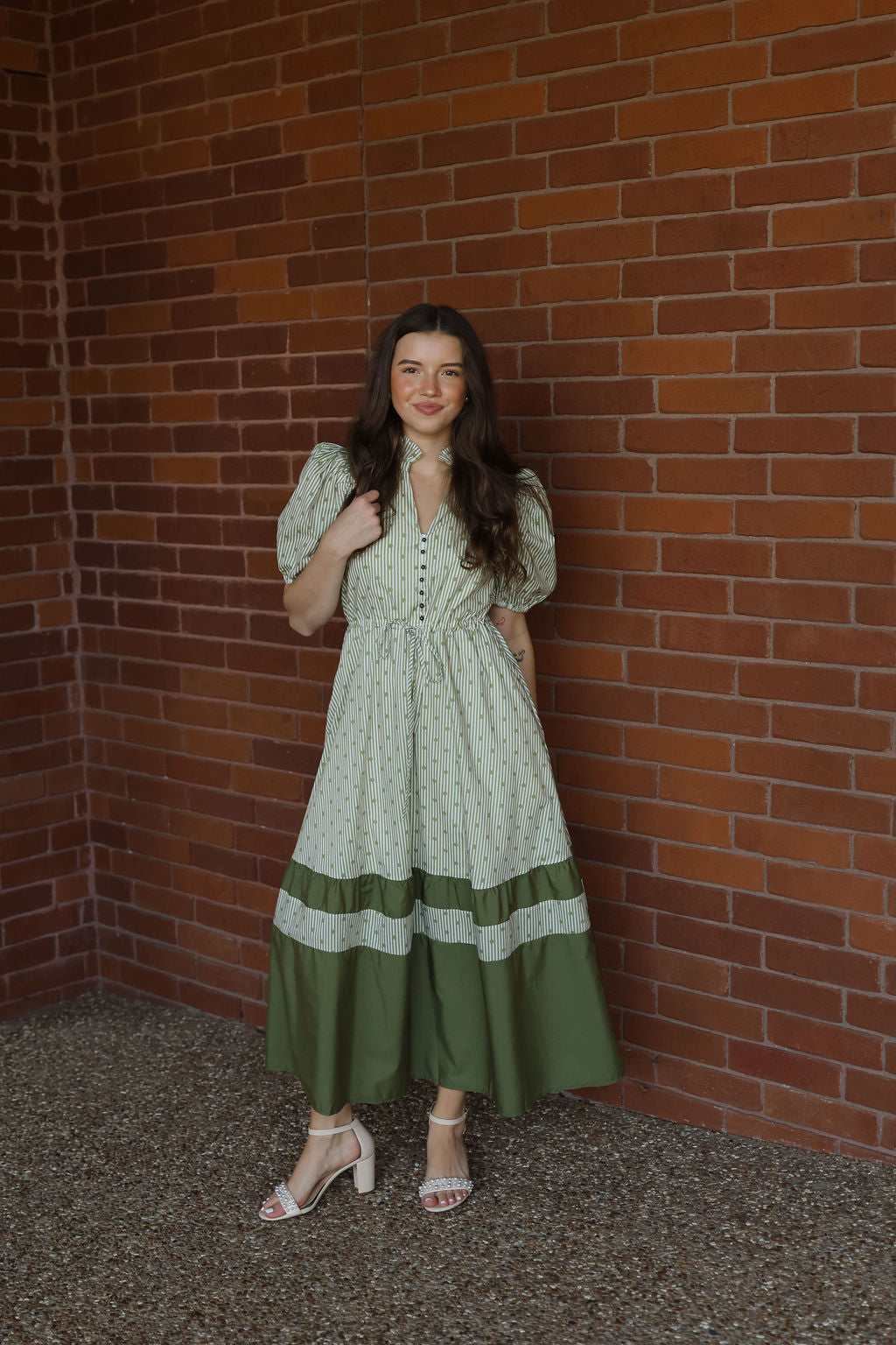 Polka Dot Stripe Maxi Dress - Olive