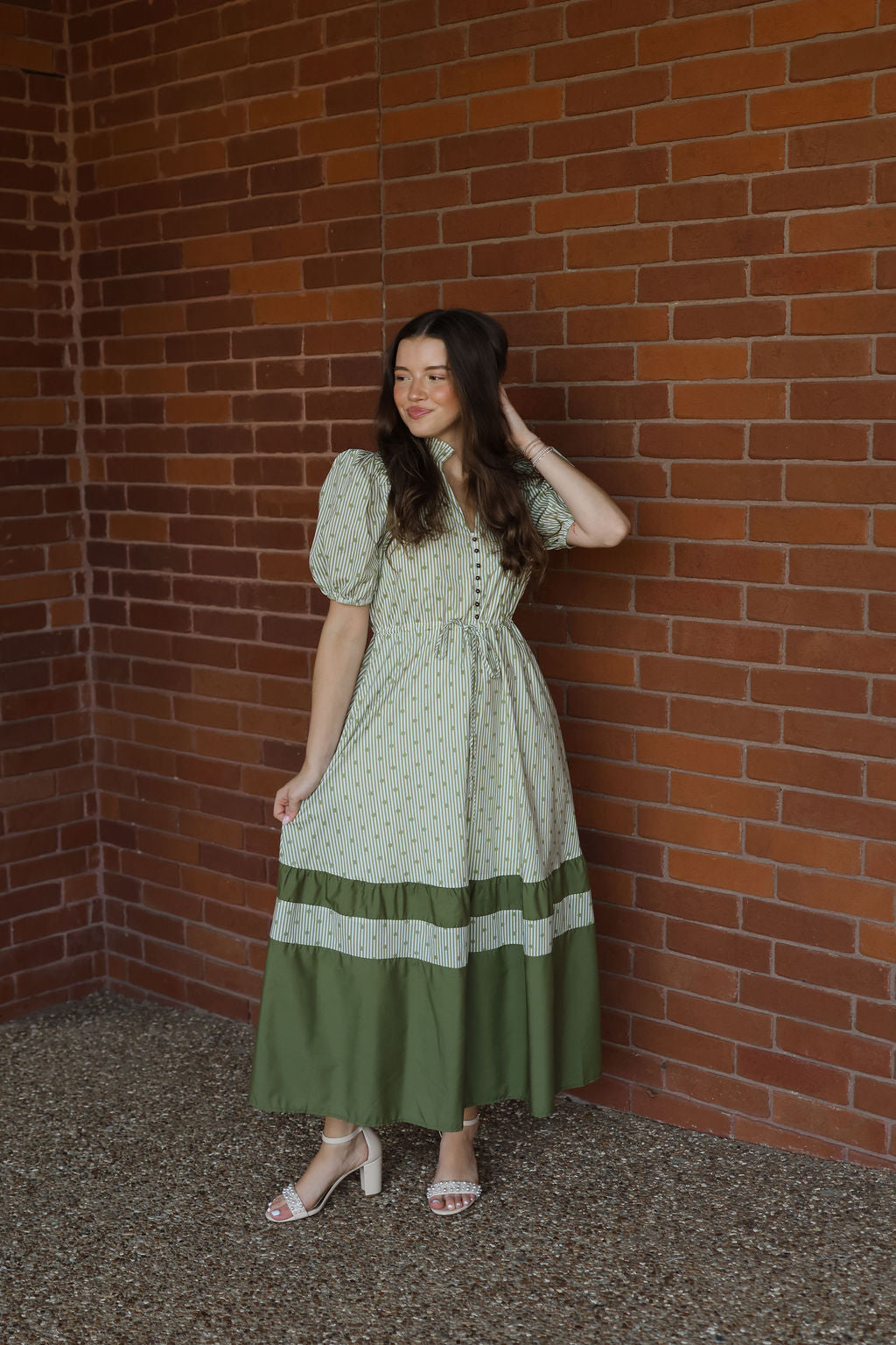 Polka Dot Stripe Maxi Dress - Olive