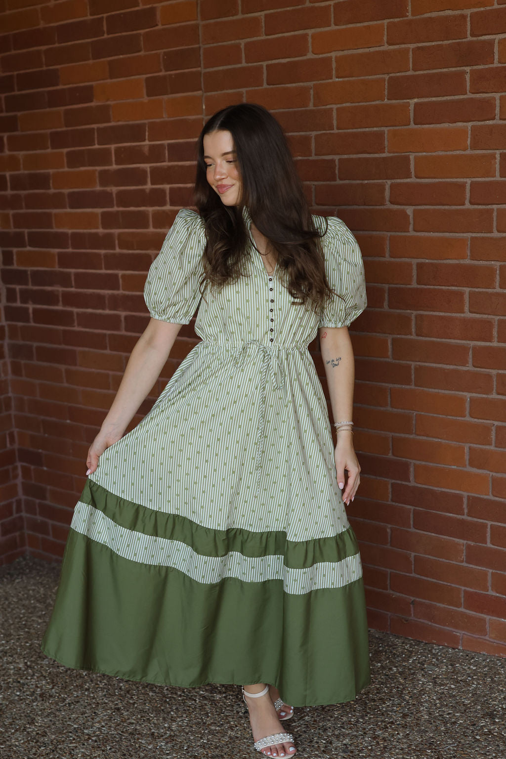 Polka Dot Stripe Maxi Dress - Olive
