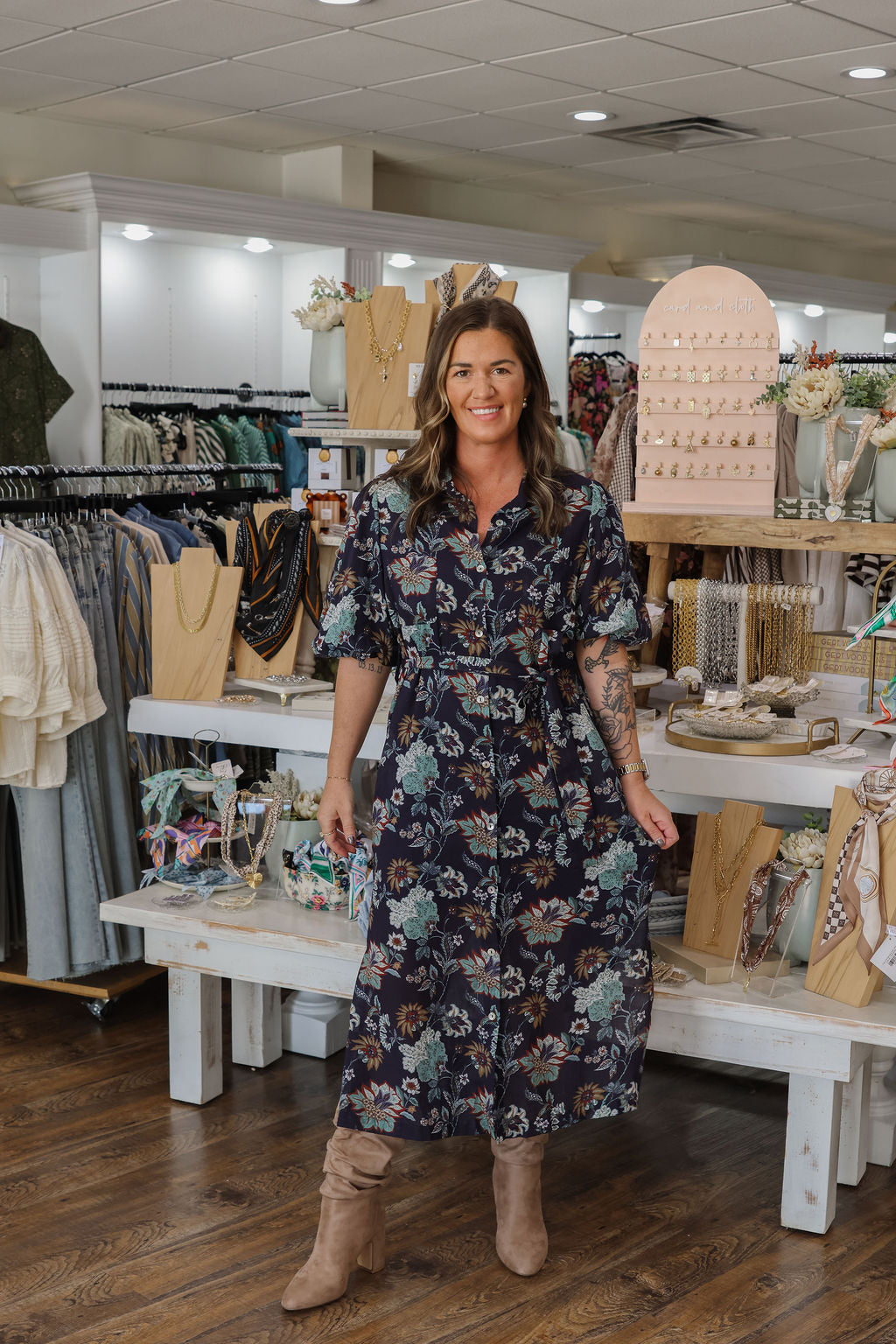 Puff Sleeve Floral Button Down Maxi Dress - Navy