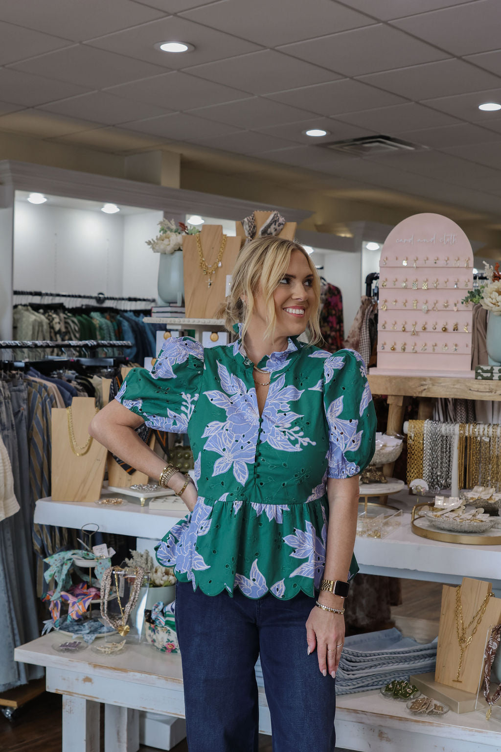 Floral Print Eyelet Peplum Top - Hunter Green