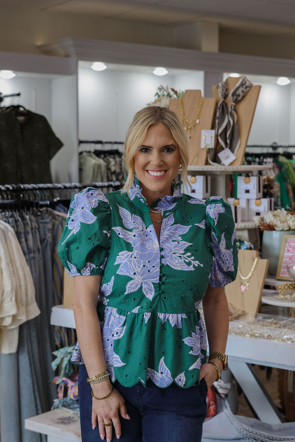 Floral Print Eyelet Peplum Top - Hunter Green