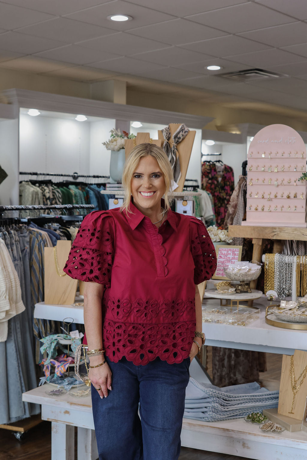 Eyelet Puff Sleeve Top - Burgundy