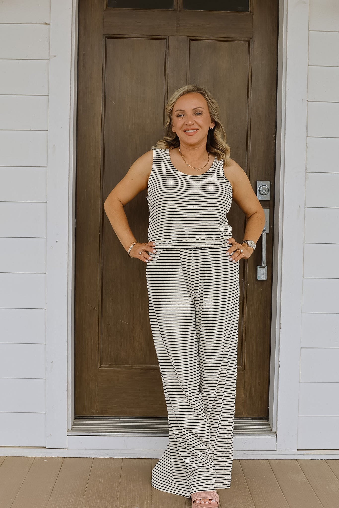 Stripe French Terry Wide Leg Pant - Ivory/Black