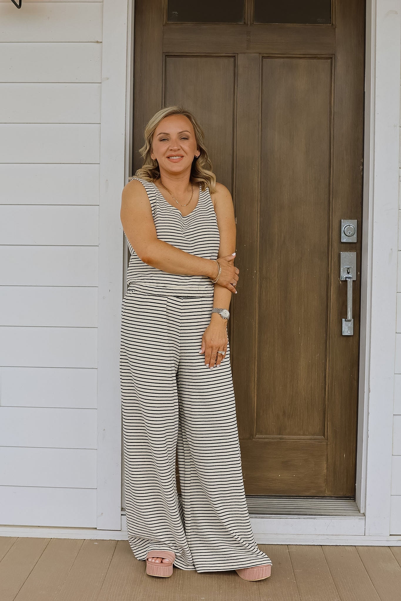 Stripe French Terry Wide Leg Pant - Ivory/Black