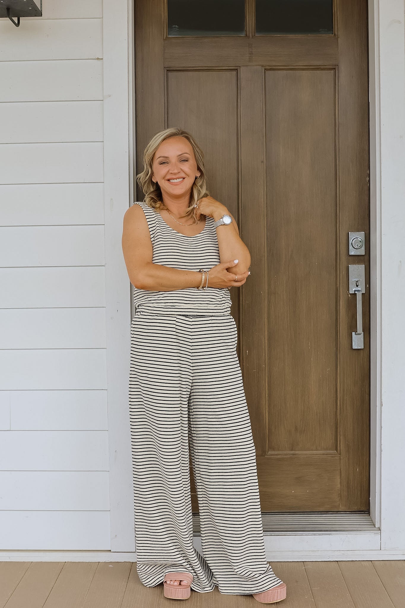 Stripe French Terry Wide Leg Pant - Ivory/Black