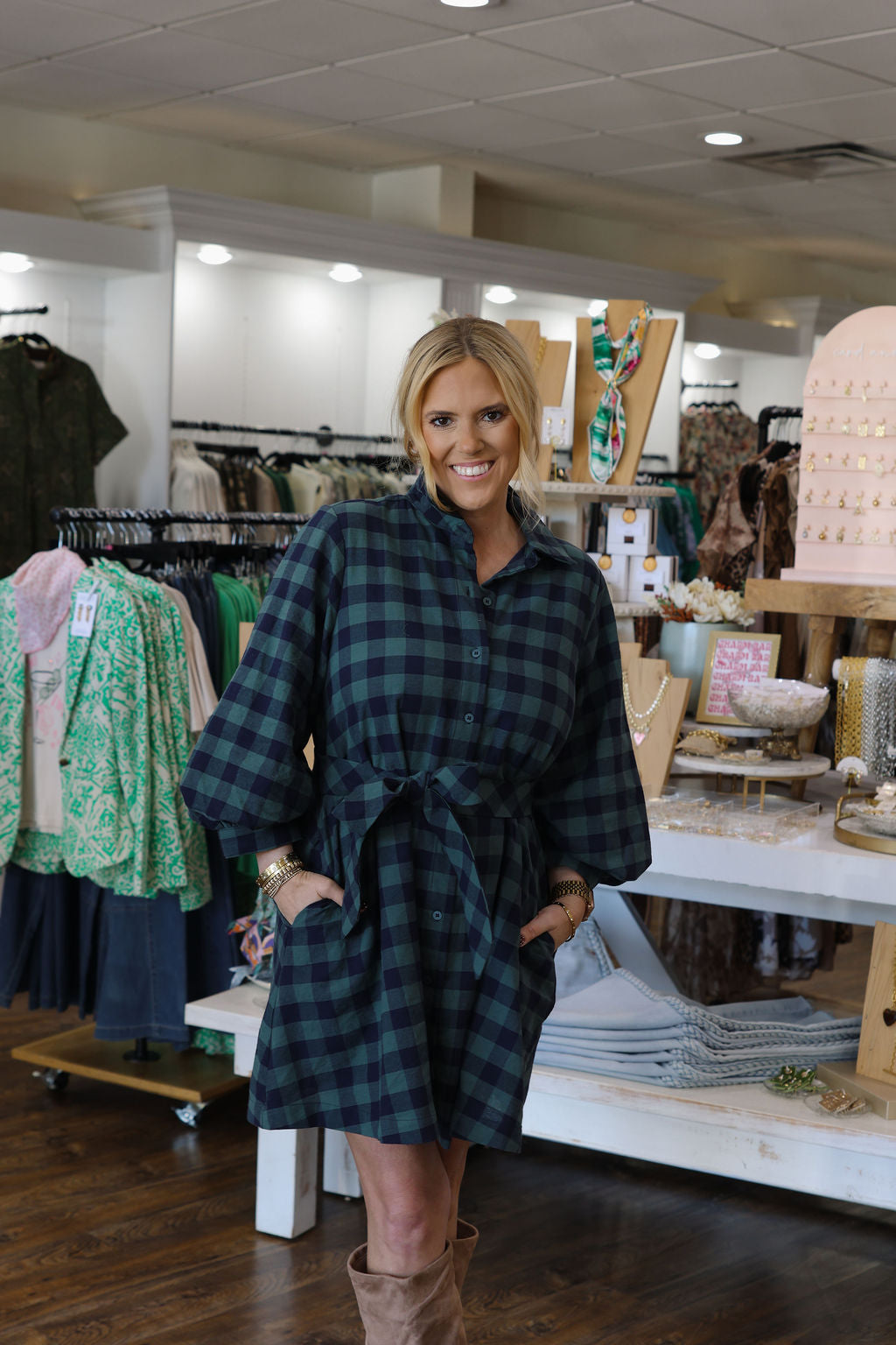 Plaid Button Front Dress - Navy/Green