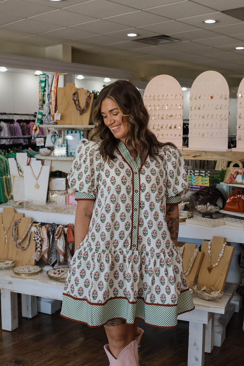 Gigi Mixed Pattern Button Front Dress - Ecru