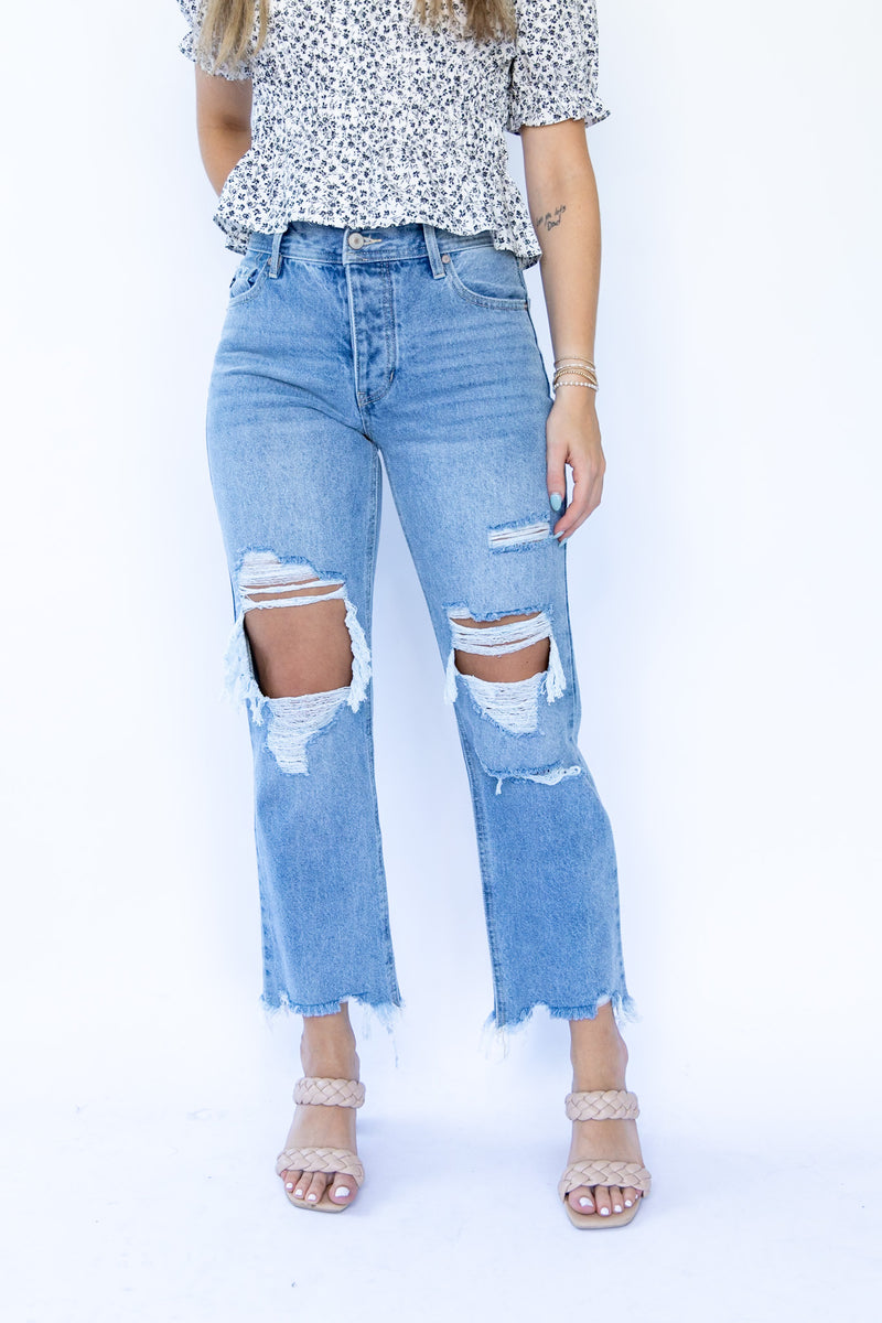 [Kancan] Raina High Rise Straight Leg Jeans - Medium Wash