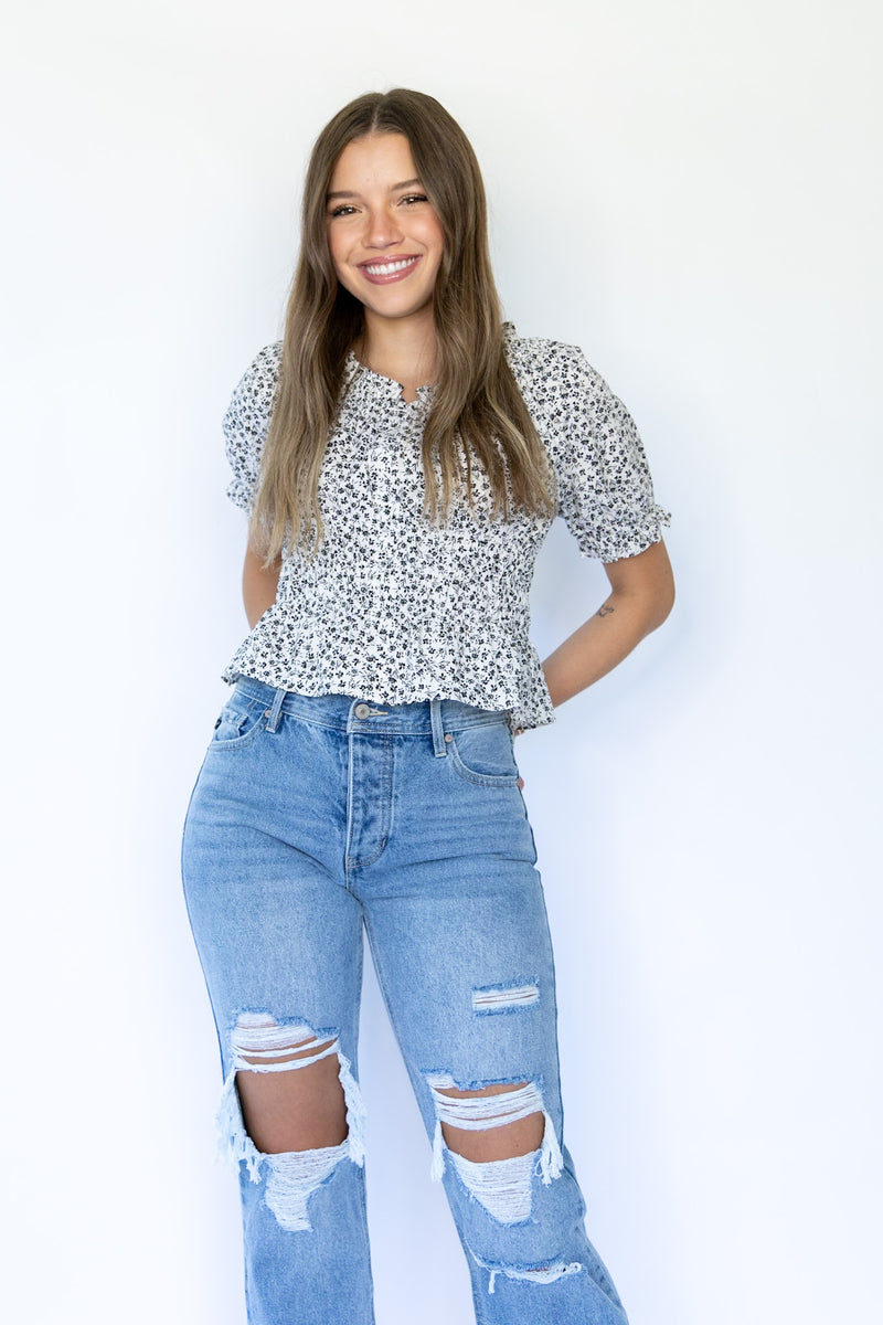 Black & White Florals Smocked Top