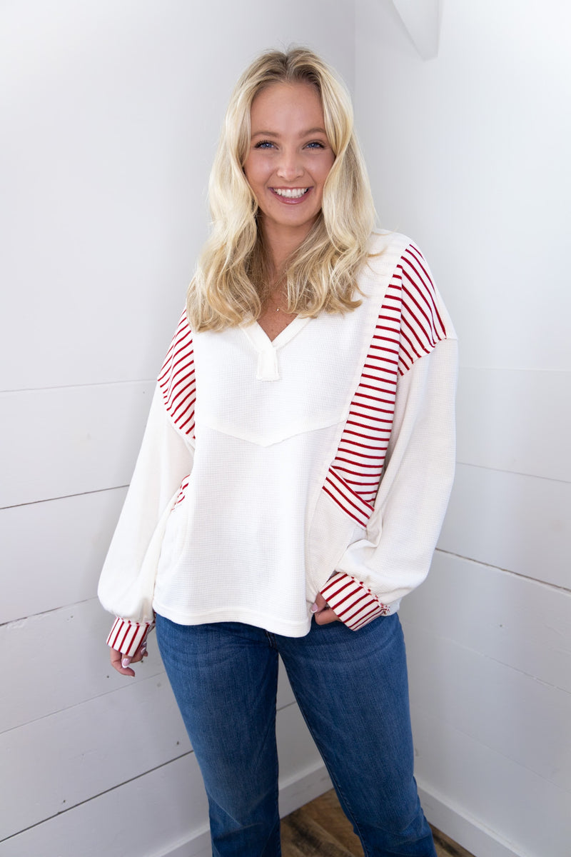 Oversized Striped Waffle Top - Ivory